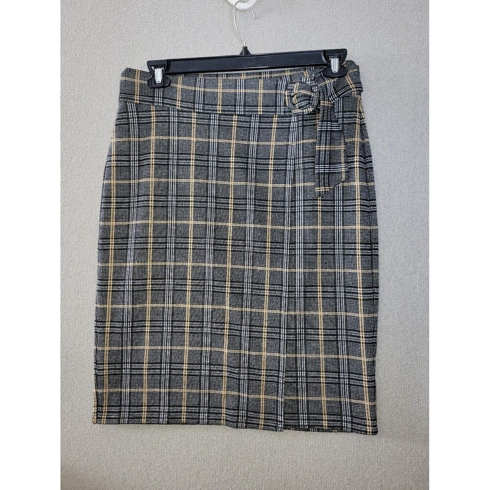 Retrology Size Medium Faux Wrap Side Tie Black Orange Plaid Pencil Skirt